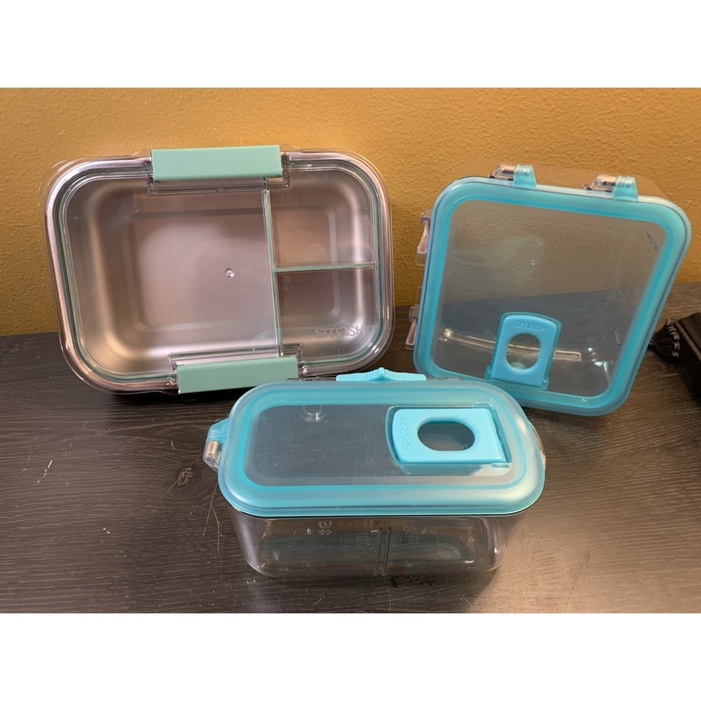 Lot‎ Of 3 Smash Stainless Steel & Plastic Bento Lunch Box, Compartments Teal
